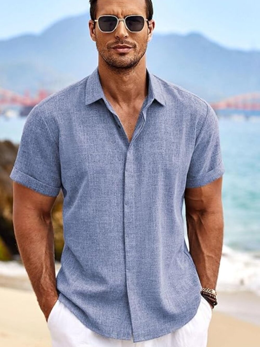 COOFANDY Men’s Linen Button Down Short Sleeve Beach Shirt New